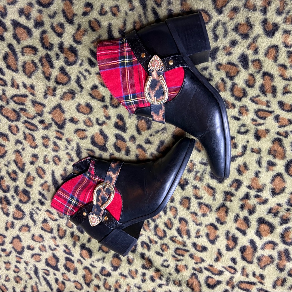 Betsey Johnson Black and Red Plaid Ankle Boots